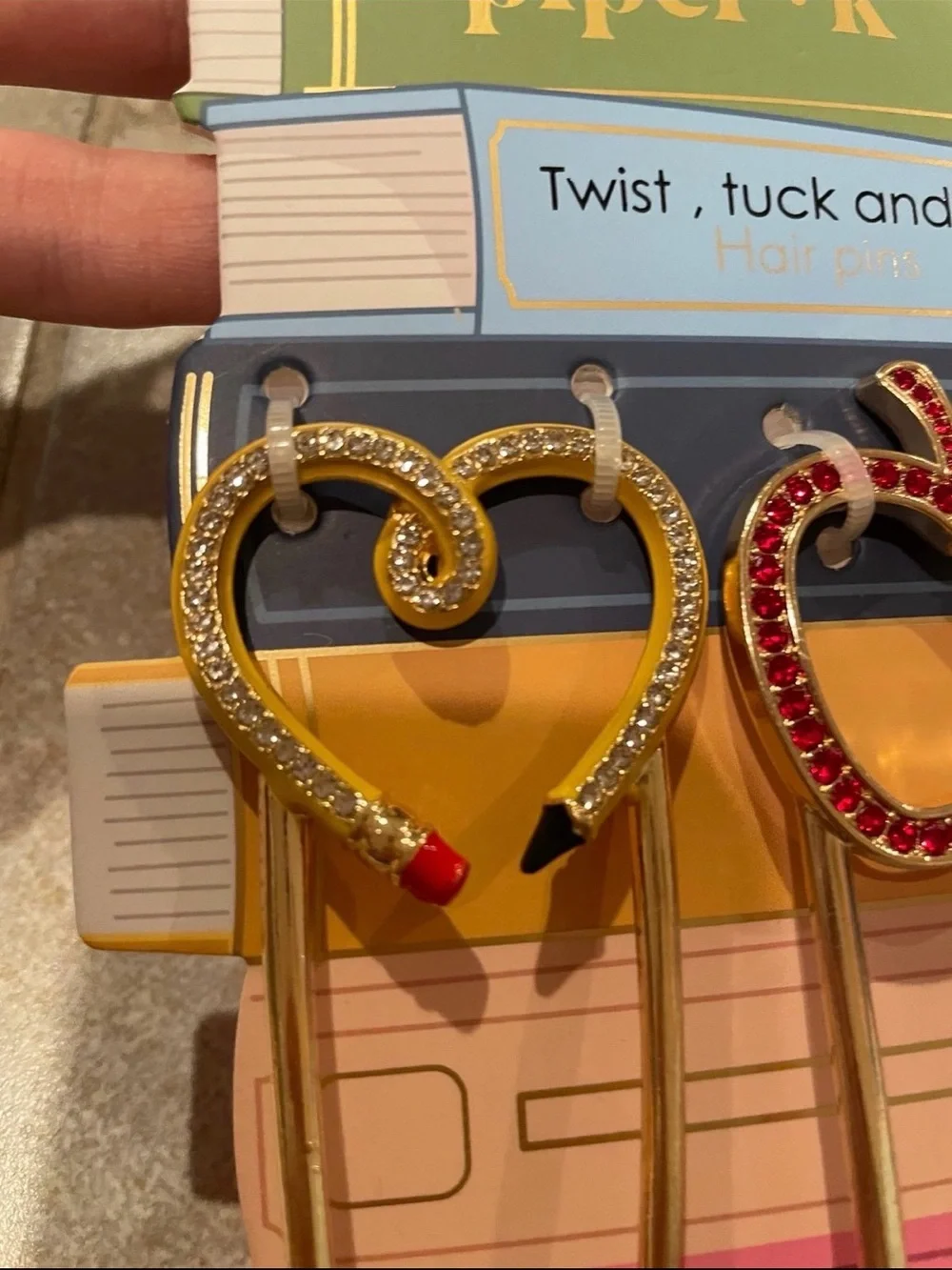 NWT piper.k Back to School Gold Pencil Heart and Apple Rhinestone Hair Pins